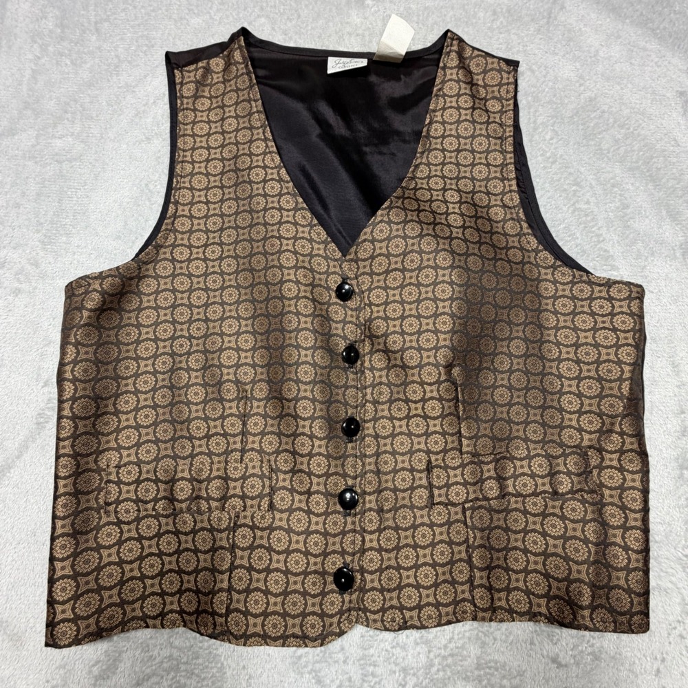 Vintage Classic Brown Gold Brocade Vest Size Medium 90s Made USA Dark Academia